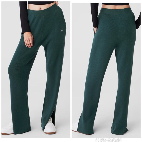 ALO Yoga Pants - Alo Knit High-Waist Salana Wide Leg Pant in Midnight green